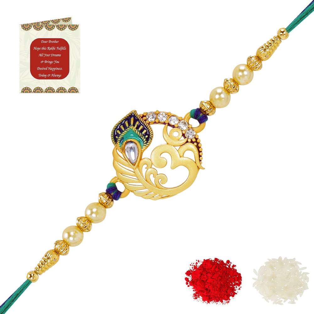 Riddhika Ventures Religious Meenakari Om and Peacock Feather Rakhi With Roli Chawal And Greeting Card
