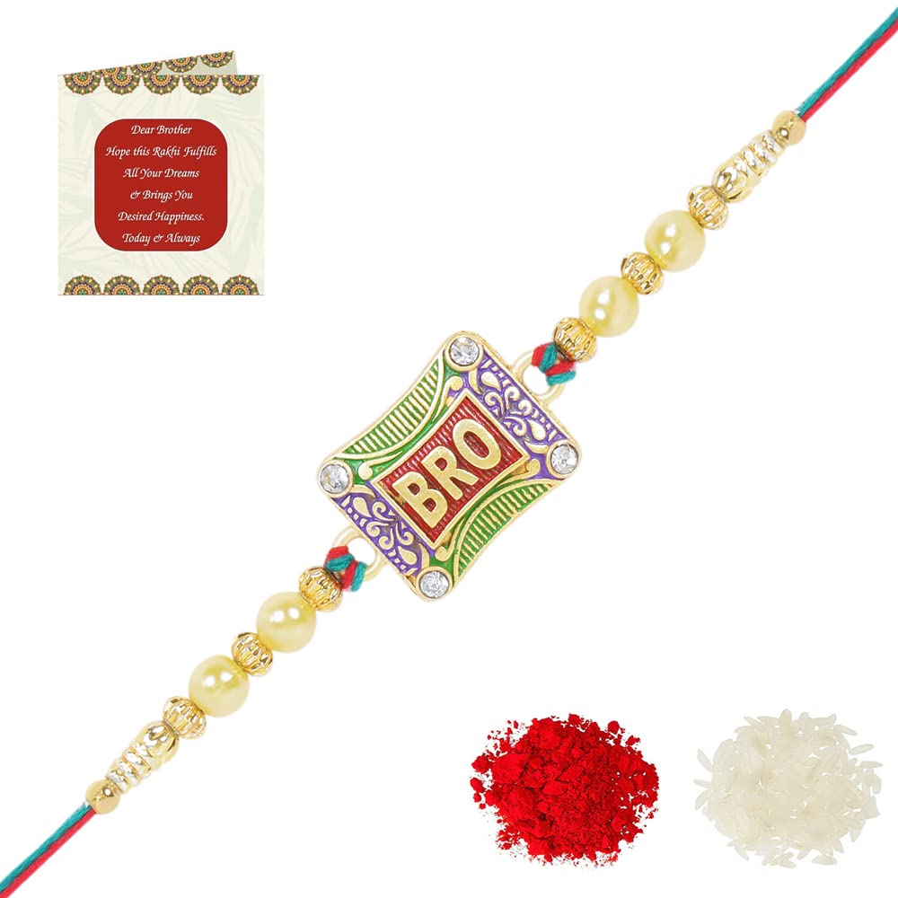 Riddhika Ventures Religious Meenakari Om and Peacock Feather Rakhi With Roli Chawal And Greeting Card