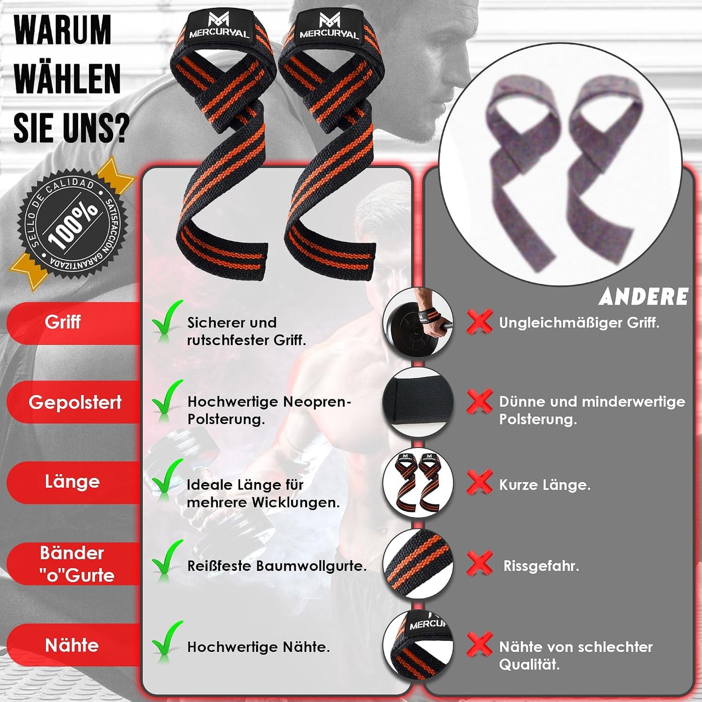 MERCURYAL Zughilfen Krafttraining Lifting Straps - Bodybuilding, Fitness, Kreuzheben, Powerlifting - Kreuzheben Gurte - Profi Lifting Straps - Lifting Straps - Gym Zubehör für Frauen und Männer