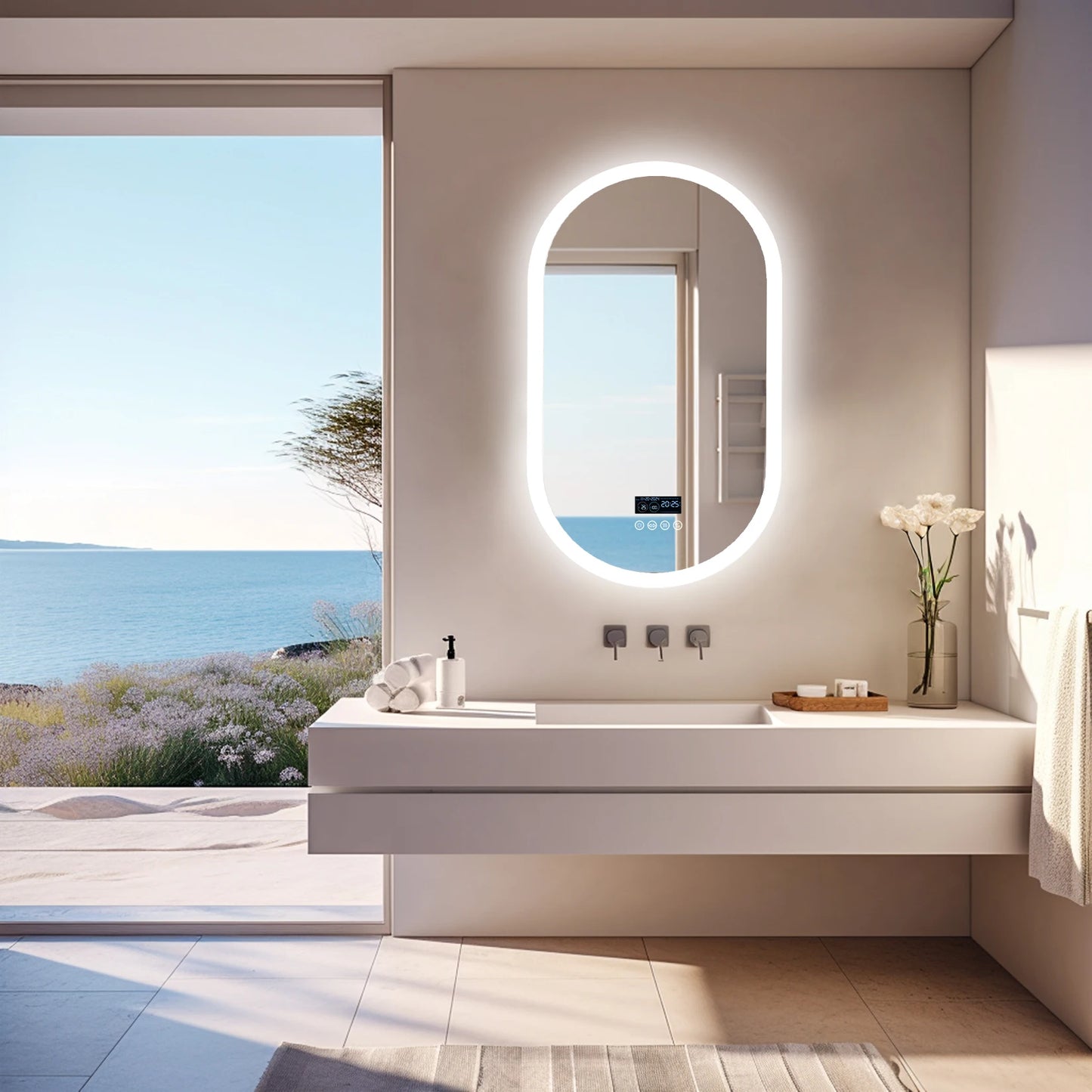 Oval LED Bathroom Mirror with Bluetooth Speaker Backlit Dimmable Wall Vanity Mirror, Digital Display, Antifog, 50x80cm, 120x60cm