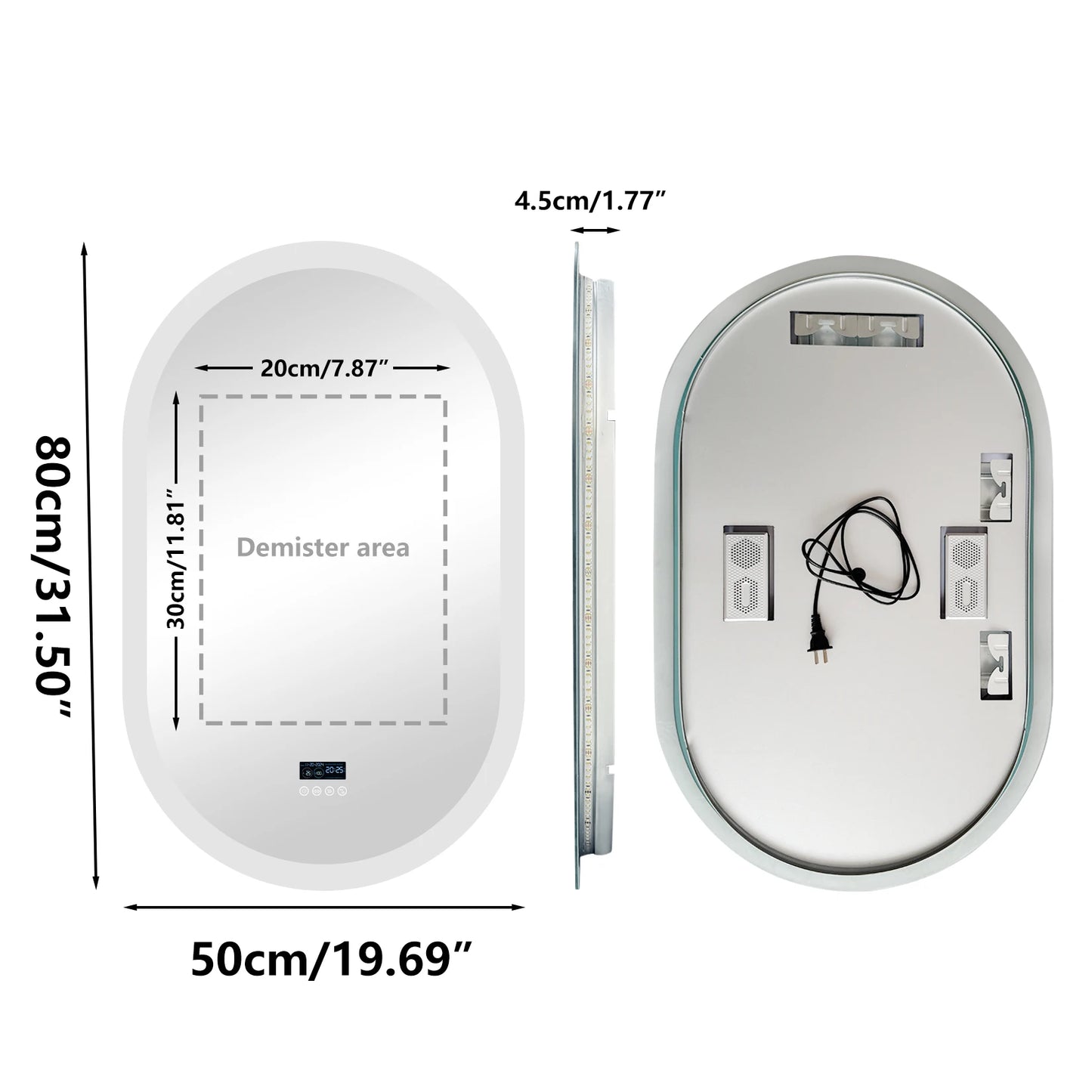 Oval LED Bathroom Mirror with Bluetooth Speaker Backlit Dimmable Wall Vanity Mirror, Digital Display, Antifog, 50x80cm, 120x60cm