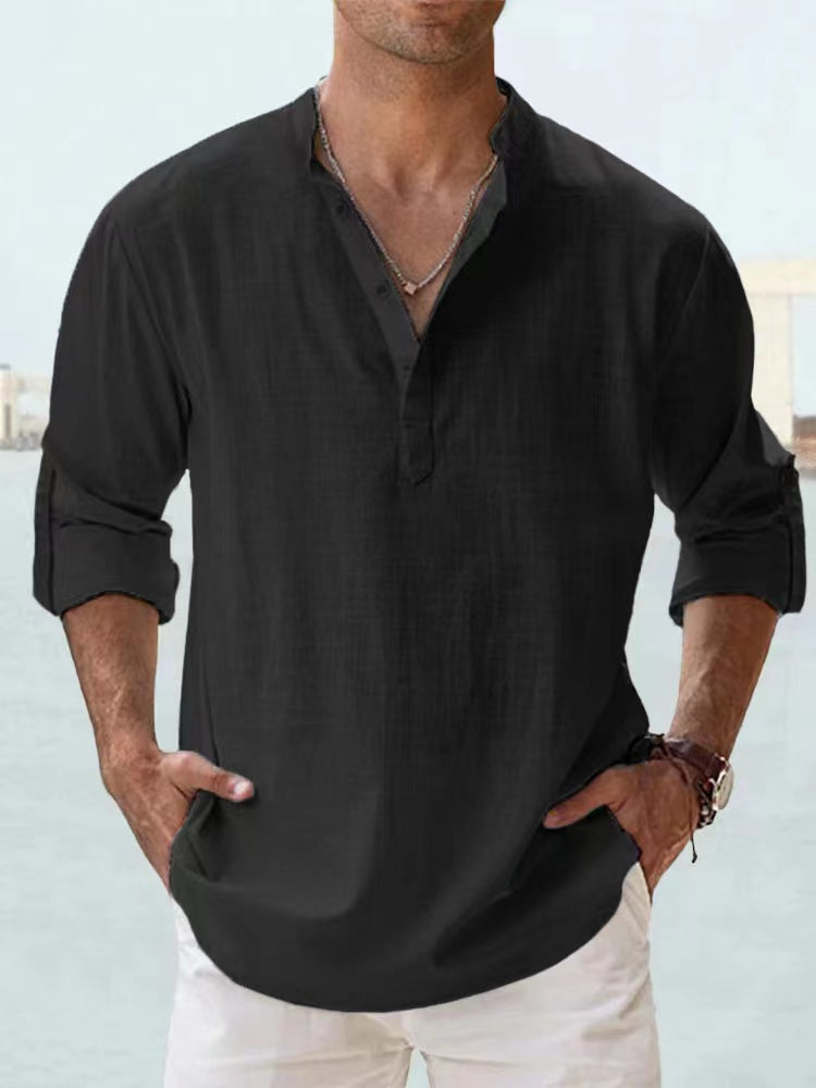 Men's Lightweight Cotton Linen Long Sleeve Beach Shirt