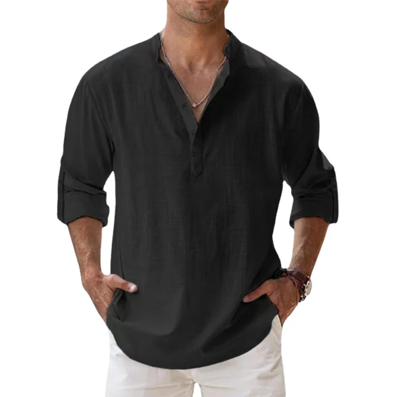 Men's Lightweight Cotton Linen Long Sleeve Beach Shirt