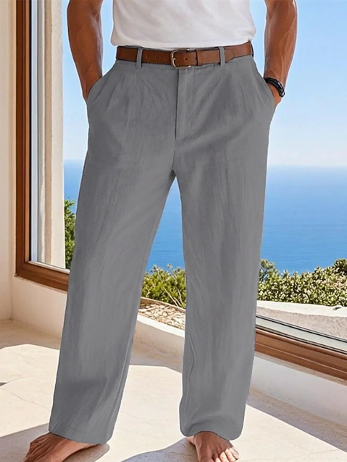 Men's Linen Straight-Leg Formal Casual Trousers