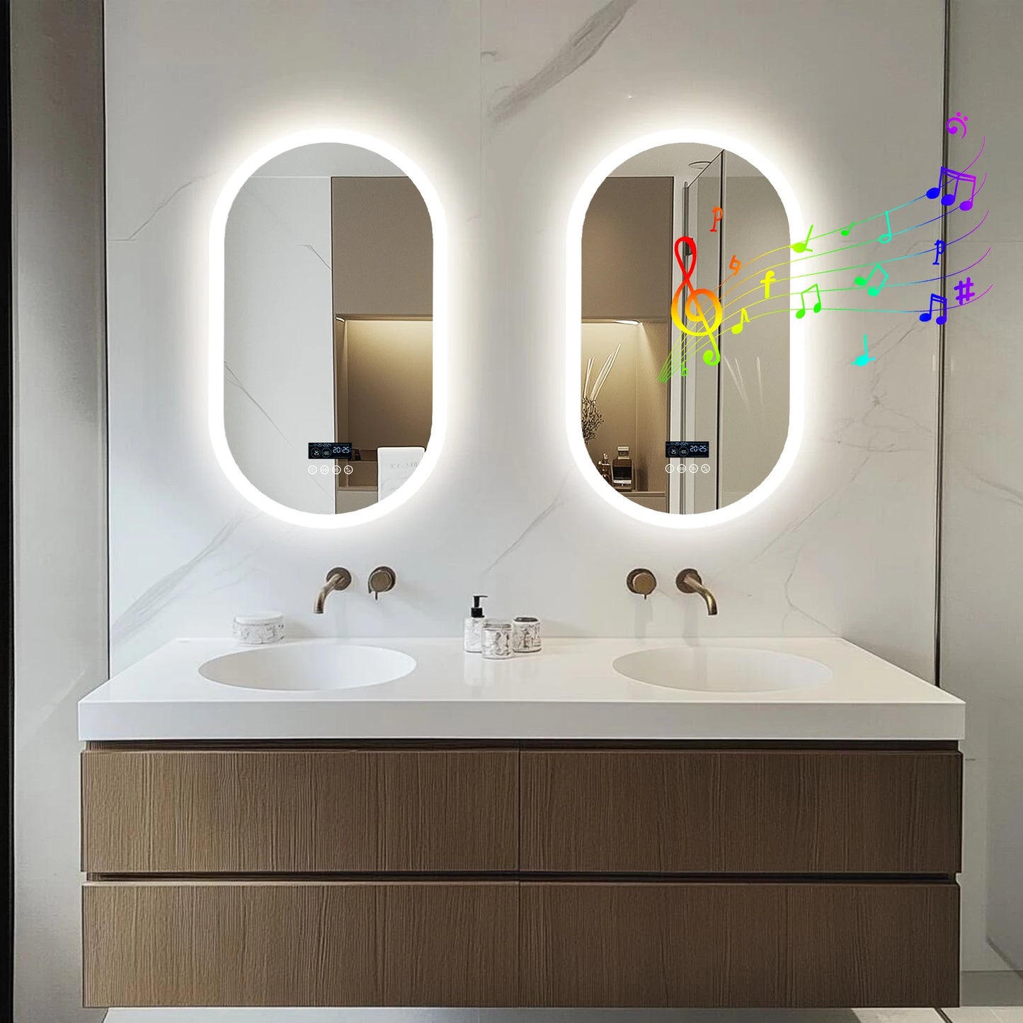 Oval LED Bathroom Mirror with Bluetooth Speaker Backlit Dimmable Wall Vanity Mirror, Digital Display, Antifog, 50x80cm, 120x60cm