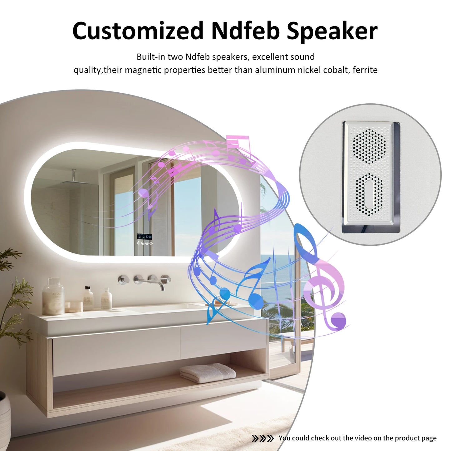 Oval LED Bathroom Mirror with Bluetooth Speaker Backlit Dimmable Wall Vanity Mirror, Digital Display, Antifog, 50x80cm, 120x60cm