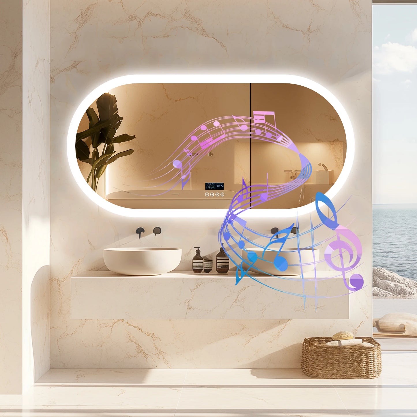 Oval LED Bathroom Mirror with Bluetooth Speaker Backlit Dimmable Wall Vanity Mirror, Digital Display, Antifog, 50x80cm, 120x60cm