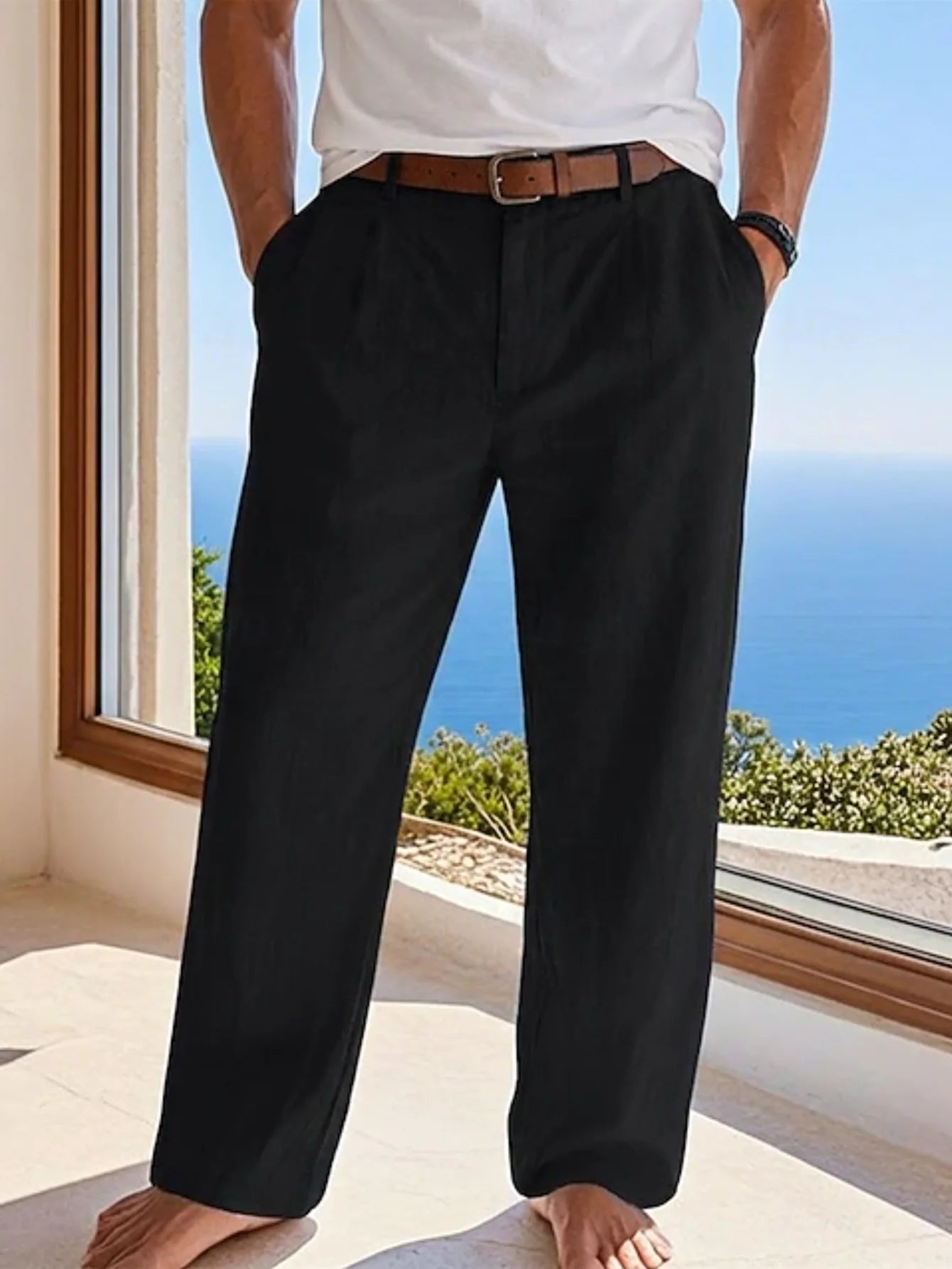 Men's Linen Straight-Leg Formal Casual Trousers