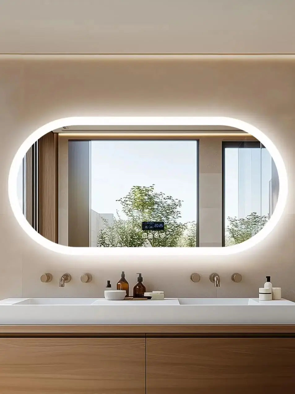 Oval LED Bathroom Mirror with Bluetooth Speaker Backlit Dimmable Wall Vanity Mirror, Digital Display, Antifog, 50x80cm, 120x60cm